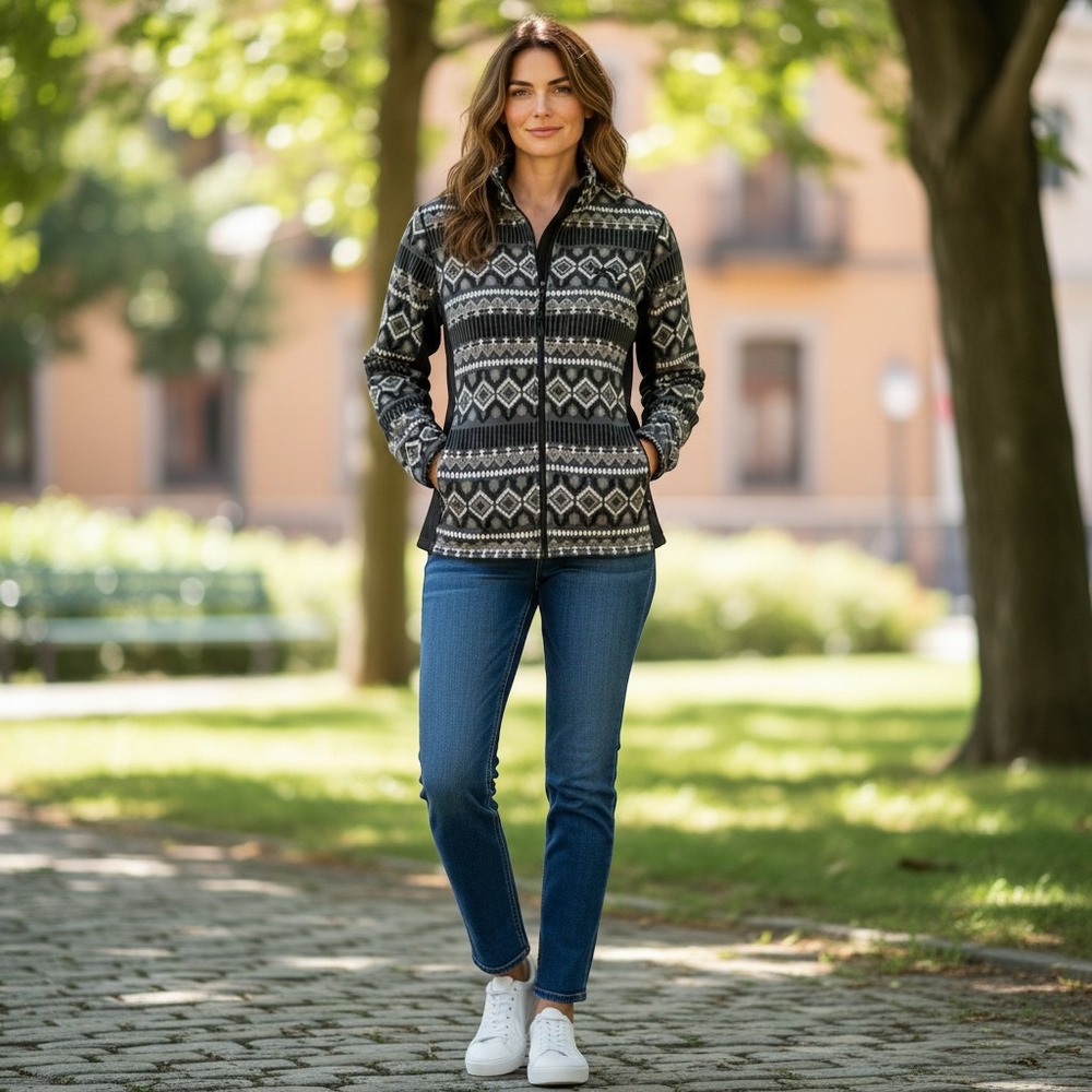 (NEW) Fleece Jacket Womens XL Black Grey Geometric Full Zip Aztec NWT
